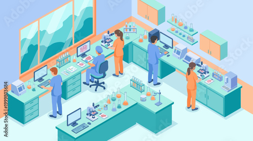 Isometric Hospital Laboratory Interior with Scientists and Medical Researchers Working on Scientific Analysis and Digital Healthcare Technology
