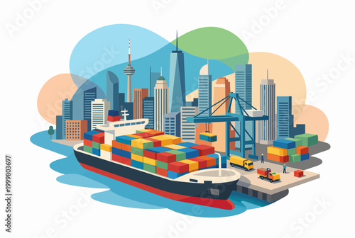 Container ship and port logistics with city skyline vector