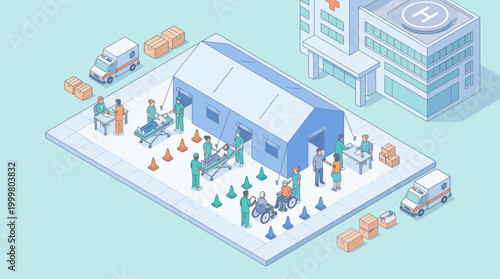 Isometric Hospital Emergency Triage Tent with Medical Staff and Ambulances, Vector Illustration for Healthcare Infographic or Pandemic Response Concept