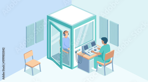 Isometric Audiometry Hearing Test Illustration with Doctor and Patient in Soundproof Booth for Medical Diagnostic Clinic
