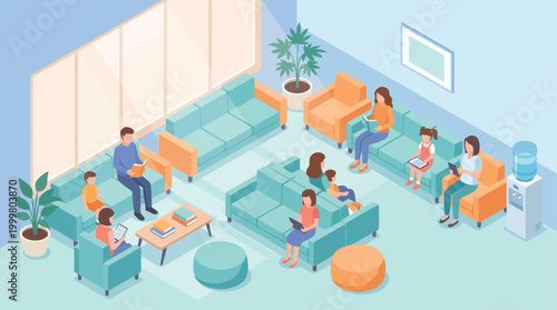 Isometric Hospital Waiting Room Interior with Diverse Patients and Families, Modern Healthcare Facility Design for Medical Infographic and Healthcare Marketing Materials