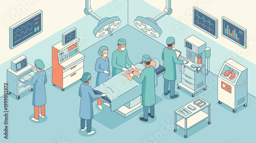 Isometric Hospital Operating Room with Surgeons and Medical Staff performing surgery, flat vector illustration for healthcare presentation, medical technology, and clinic concept design.