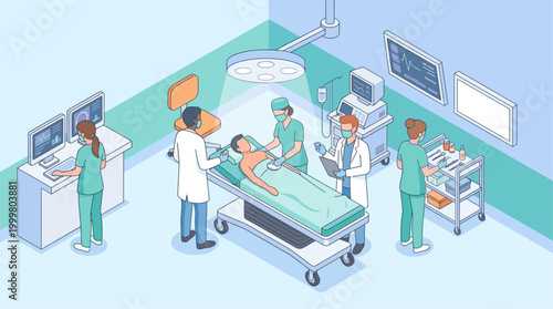 Isometric Hospital Operating Room Scene with Surgeons, Nurses, and Patient in Surgery for Medical Presentation and Healthcare Infographic
