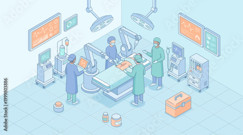 Isometric Hospital Operating Room with Surgeons and Robotic Surgery System, Digital Medical Innovation Concept for Healthcare Presentation or Infographic