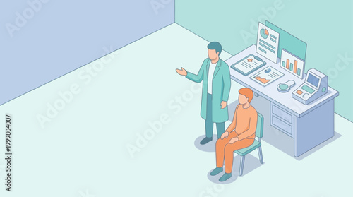 Isometric Hospital Consultation Scene with Doctor and Patient for Medical Infographic and Healthcare Presentation Design