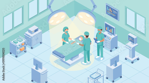 Isometric Hospital Operating Room with Surgeons Performing Surgery, Medical Healthcare Concept for Surgical Procedure, Clinic Interior with Equipment and Doctors