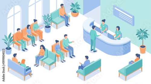 Isometric Hospital Reception Lobby with Patients and Doctors, Medical Clinic Waiting Room Interior for Healthcare Service Presentation and Modern Clinic Branding