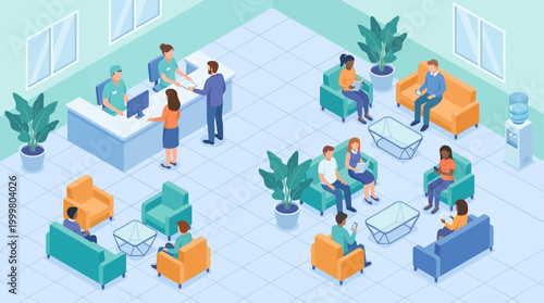 Isometric Hospital Reception Lobby with Patients and Medical Staff, Modern Clinic Waiting Room Interior, Vector Illustration for Healthcare Presentation or Medical Service Concept
