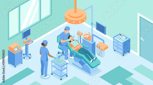 Isometric Dental Clinic Interior with Dentist and Assistant Treating Patient in Modern Surgery Room, Flat Vector Illustration for Medical Healthcare Design