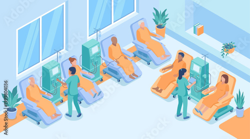Isometric Hospital Dialysis Clinic with Patients and Medical Staff, Modern Healthcare Facility Illustration for Medical Presentation and Digital Health Infographics