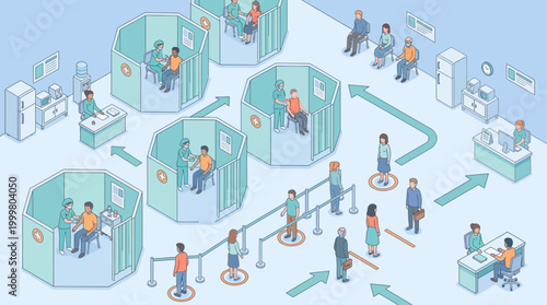 Isometric Hospital Vaccination Center Illustration with Medical Staff and Patients in Queue for Healthcare Service, Clean Vector Infographic Style for Clinical Workflow and Public Health Planning