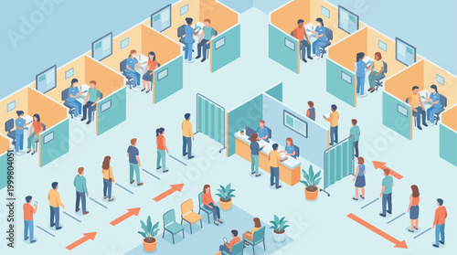 Isometric Hospital Vaccination Center Illustration with Patients Waiting in Line and Doctors Administering Vaccines in Private Medical Cubicles for Healthcare and Public Health Concepts