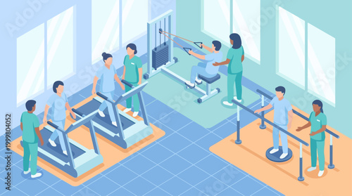 Isometric hospital physical therapy and rehabilitation center with patients and medical staff, vector illustration for healthcare presentation