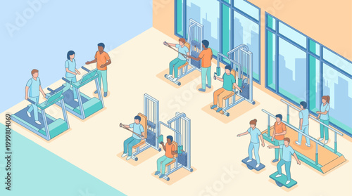 Isometric Hospital Physical Therapy and Rehabilitation Gym with Patients and Therapists, Medical Recovery Center Illustration for Healthcare Presentation