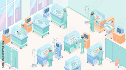 Isometric Hospital Neonatal Intensive Care Unit with Doctors and Incubators for Newborn Babies, Medical Healthcare Illustration for Clinic and Pediatrics Concept