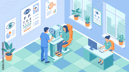 Isometric Optometry Clinic Interior with Eye Doctor Examining Patient, Medical Vision Test Concept for Healthcare Infographic or Corporate Web Design