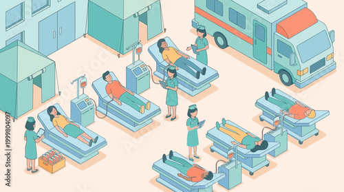 Isometric Hospital Blood Donation Center Illustration with Medical Staff and Donors in Emergency Relief Tents for Healthcare Infographics and Medical Presentations