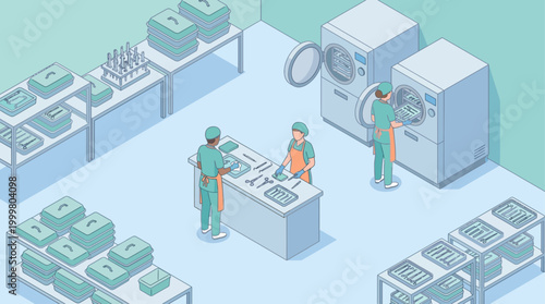 Isometric Hospital Central Sterile Supply Department with Medical Staff Processing Surgical Instruments in a Modern Healthcare Facility