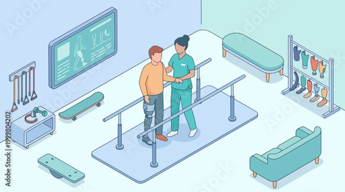 Isometric Hospital Rehabilitation Center with Physical Therapist Helping Patient with Prosthetic Leg Walk with Parallel Bars, Healthcare Medical Vector Illustration