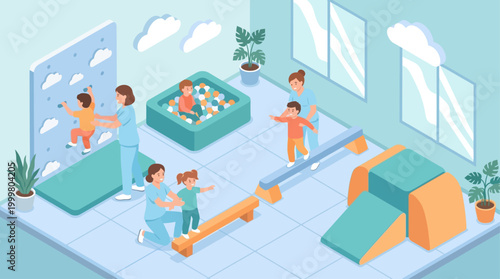 Isometric Pediatric Physical Therapy Clinic with Children and Therapists Exercising in Modern Hospital Playroom