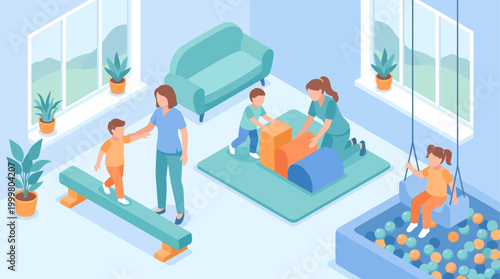 Isometric Pediatric Physical Therapy Clinic with Children Doing Rehabilitation Exercises and Play Therapy