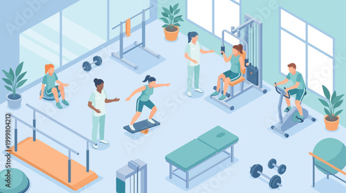 Isometric Hospital Rehabilitation Center with Patients and Physical Therapists Exercising for Recovery