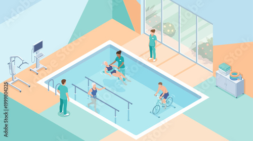 Isometric Hospital Hydrotherapy Center with Patients Doing Aquatic Physical Rehabilitation Exercises with Physiotherapists in a Modern Medical Pool Facility