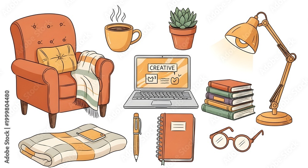 This image features a collection of cozy, creative workspace and lifestyle elements in a warm, autumnal color palette.