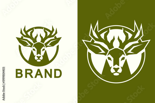 Modern Geometric Green Deer Stag Head Circle Badge Logo Vector Template for Nature Outdoor Brand Identity