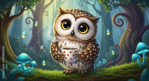 Adorable baby owl enjoys a warm beverage amidst a magical forest scene