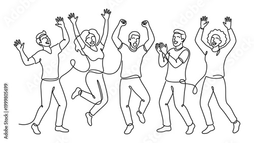 People celebrating with raised arms in unison.