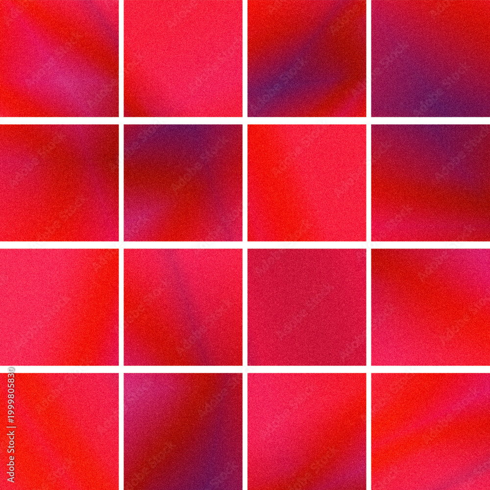 Fototapeta premium Bold red gradient tiles form a modern geometric grid with subtle purple shadows and a grainy glow, ideal for energetic branding, web headers, and tech visuals.