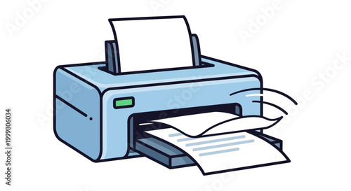 A blue office printer in action.