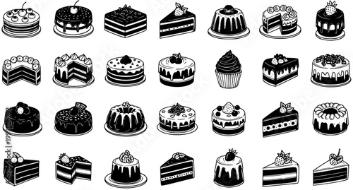 Black and White Line Art Cakes and Desserts Vector Set. Hand-drawn Outline Illustrations for Food and Bakery Industry