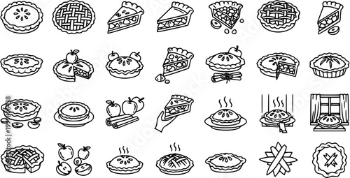 Apple Pie Black and White Line Art Icon Set. Food  Dessert Outline Glyph Collection for Baking, Thanksgiving, Autumn, and Sweet Treats Themes.