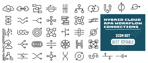 Diverse collection of abstract line art icons representing various workflow connections and business process automation concepts.