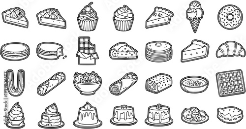 Food Outline Line Art Icons Set - Black and White Hand-drawn Desserts, Cakes, Pastries, Sweets, and Treats Vector Collection.