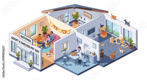 Isometric vector illustration promoting National Adopt a Shelter Pet Day 2026, showing families adopting cats and dogs in a bright animal shelter with a vet examining a dog