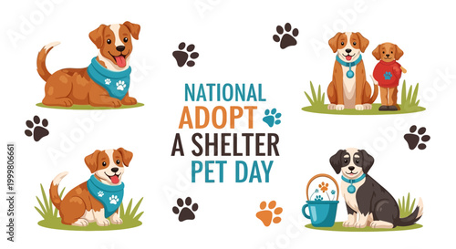 Illustrated vector promoting National Adopt a Shelter Pet Day features dogs in various poses, some wearing bandanas and collars, presented in a cheerful, cartoonish style against a clean