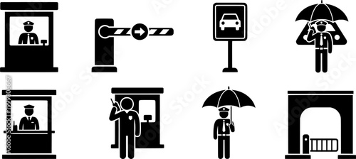 Versatile glyph icons depicting parking management, security personnel, and attendant services ideal for system interfaces, informational displays, and operational manuals.