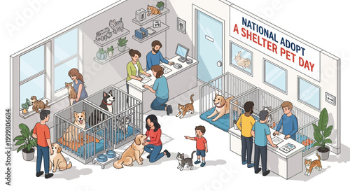 Isometric illustration showing a busy animal shelter on National Adopt a Shelter Pet Day, with families interacting with dogs and cats in a bright, clean interior promoting pet adoption