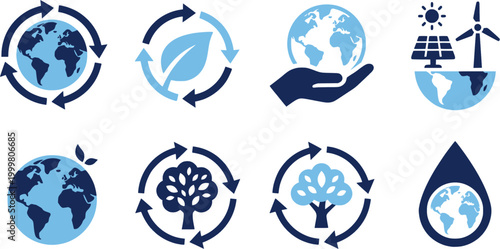 Earth globe inside a recycling symbol depicting global sustainability and environmental conservation icons and logos
