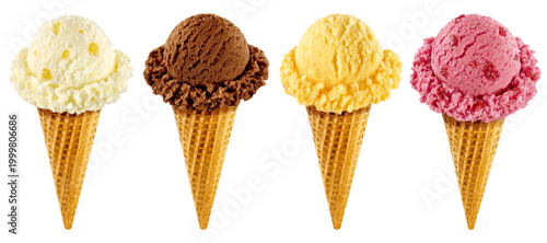 Fotografía Delicious and colorful ice cream cones set, featuring various flavors like vanilla, chocolate, mango