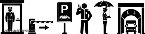 Versatile glyph icons depicting parking management, security personnel, and attendant services ideal for system interfaces, informational displays, and operational manuals.