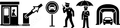 Versatile glyph icons depicting parking management, security personnel, and attendant services ideal for system interfaces, informational displays, and operational manuals.