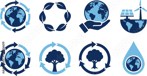 Earth globe inside a recycling symbol depicting global sustainability and environmental conservation icons and logos
