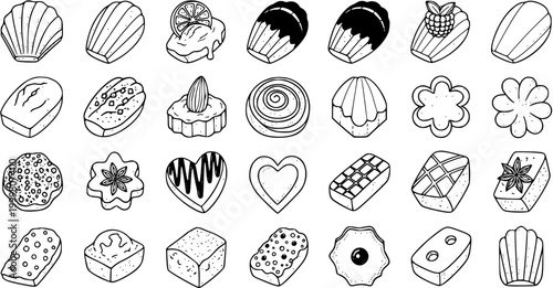 Food Industry Black and White Line Art Collection of Assorted Baked Goods, Cookies, Pastries, and Sweet Treats