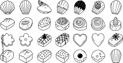 Hand Drawn Black and White Line Art Set: Assorted Desserts, Pastries, and Sweets Icons for Food  Baking Industry Vector Collection