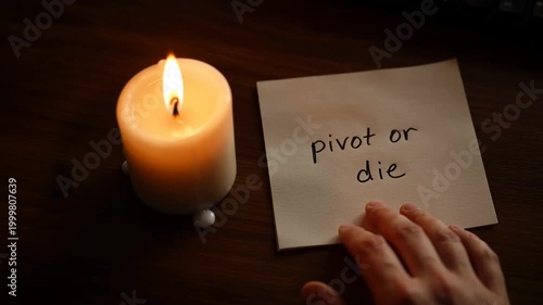 A hand rests on a note with 'pivot or die' next to a lit candle on a dark wooden table with a moody atmosphere.