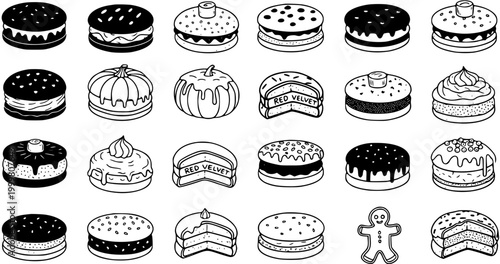 Food  Bakery Industry Black and White Line Art Icon Set: Delicious Cakes, Desserts, and Sweets. Hand-drawn confectionery for menu, shop, and recipe designs.